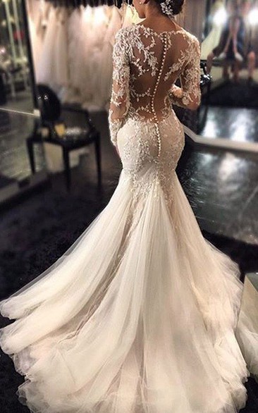 Mermaid/Trumpet V-neck Long Sleeve Court Train Lace/Tulle Wedding Dress  with Illusion Back and Bustle Style (7001959) | Ellen Bridals