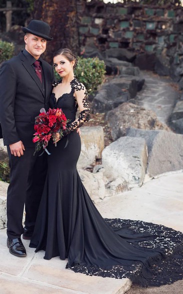 knee length dresses for ladies Black Lace Long Sleeves Wedding Dress, Bridal Gowns, SW367 main image 1