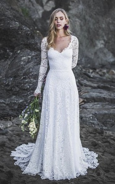 knee length dresses for ladies Romantic Champagne Long Sleeve Full Lace Bohemian Wedding Dresses Vintage  O-Neck Open Back Boho Country Bridal Wedding Dress -