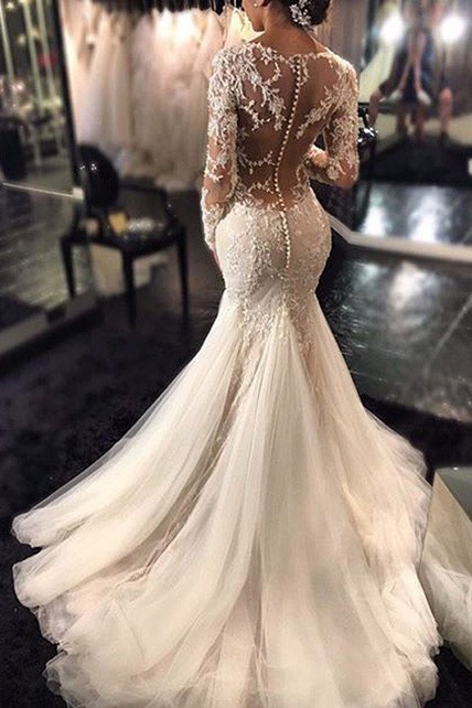 Mermaid/Trumpet V-neck Long Sleeve Court Train Lace/Tulle Wedding Dress with Illusion Back and Bustle Style (7001959) | Ellen Bridals Mermaid/Trumpet V-neck Long Sleeve Court Train Lace/Tulle Wedding Dress with Illusion Back and Bustle Style (7001959) | Ellen Bridals