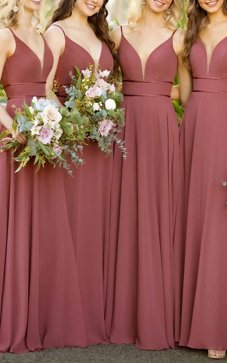 A-Line Bridesmaid Dress V Neck Sleeveless Open Back Floor Length Chiffon Long main image 1