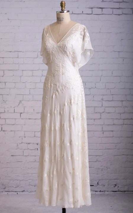 Sheath V-neck Short Sleeve Ankle-length Lace Wedding Dress with ...