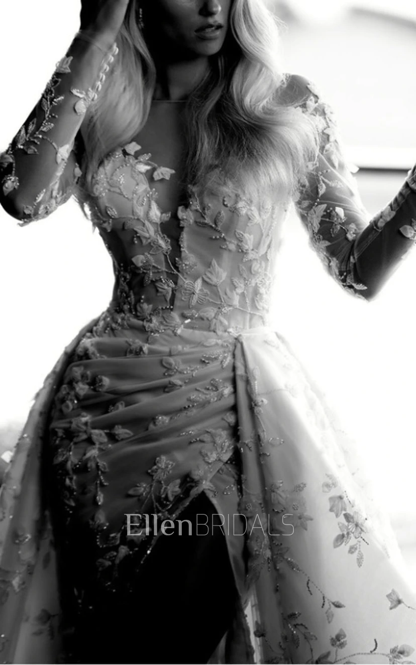 Luxury Lace Long Sleeves Bateau Neck A Line Wedding Dresses with Slit  (7003417) | Ellen Bridals