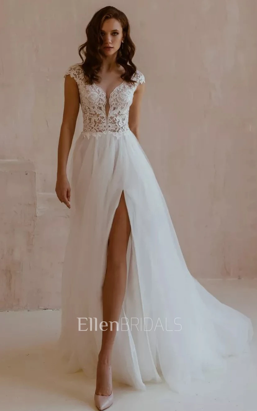 A-Line V-neck Short Sleeve Brush Train Lace/Tulle Wedding Dress with Open Back and Split Front (7000130) | Ellen Bridals A-Line V-neck Short Sleeve Brush Train Lace/Tulle Wedding Dress with Open Back and Split Front (7000130) | Ellen Bridals