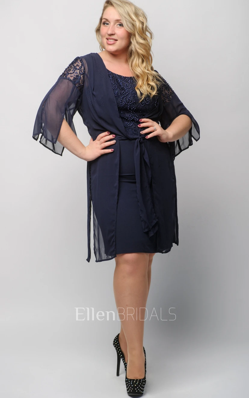 Sheath Scoop Sleeveless Knee-length Chiffon Mother of the Bride Dress with  Jacket and Beading (3002957) | Ellen Bridals