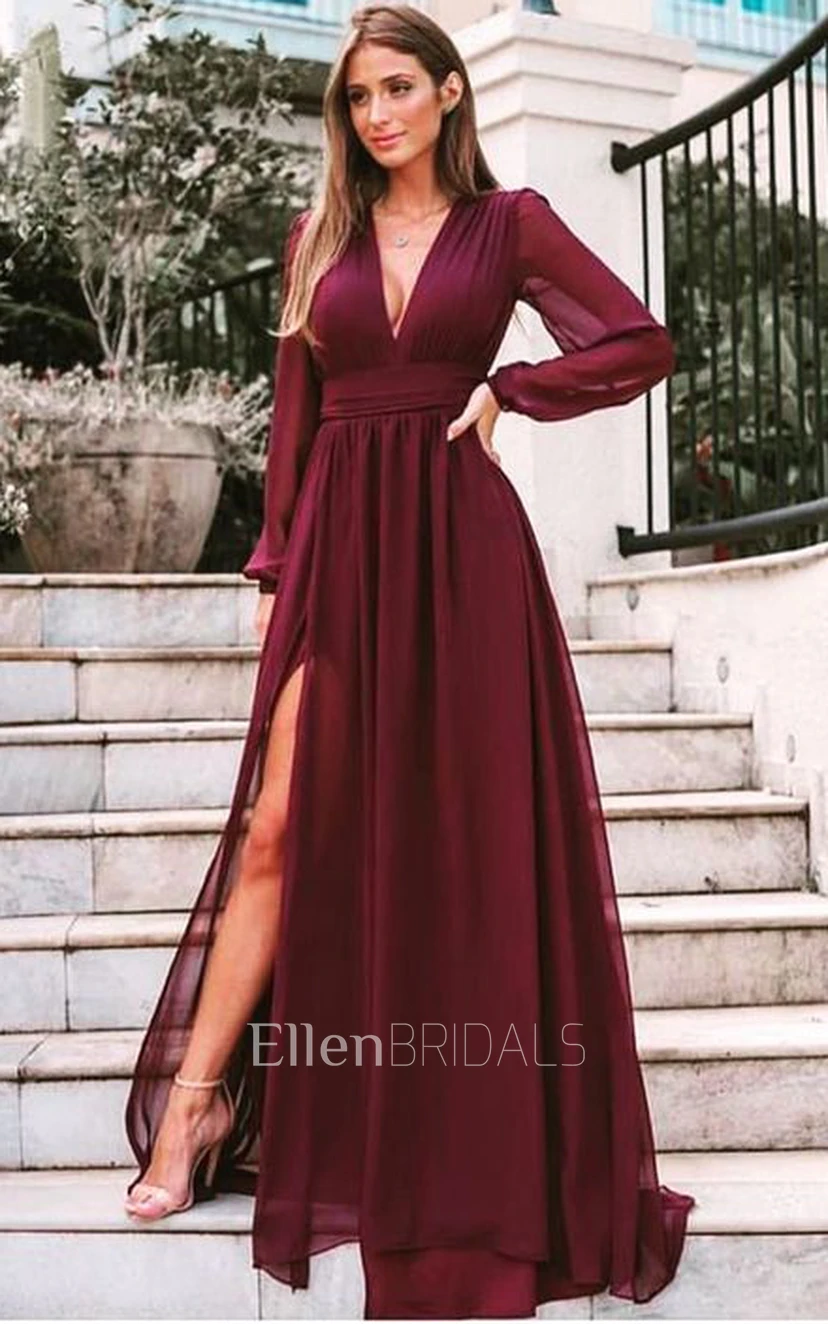 A-Line V-neck Poet Sleeve Floor-length Chiffon Evening Dress with Pleats and Split Front (3000327) | Ellen Bridals A-Line V-neck Poet Sleeve Floor-length Chiffon Evening Dress with Pleats and Split Front (3000327) | Ellen Bridals