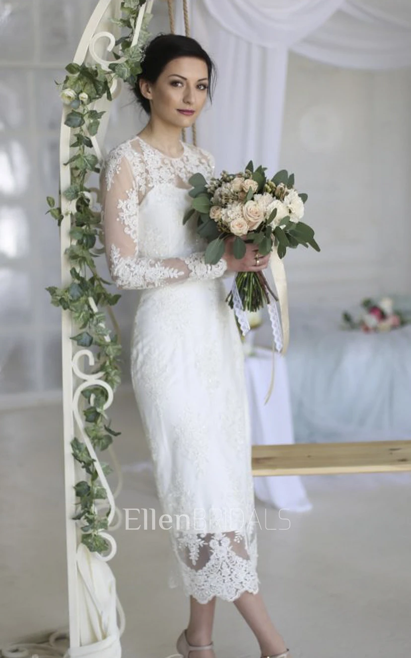 Sheath Jewel Long Sleeve Ankle-length Lace Wedding Dress with Illusion and  Split Back (7000143)