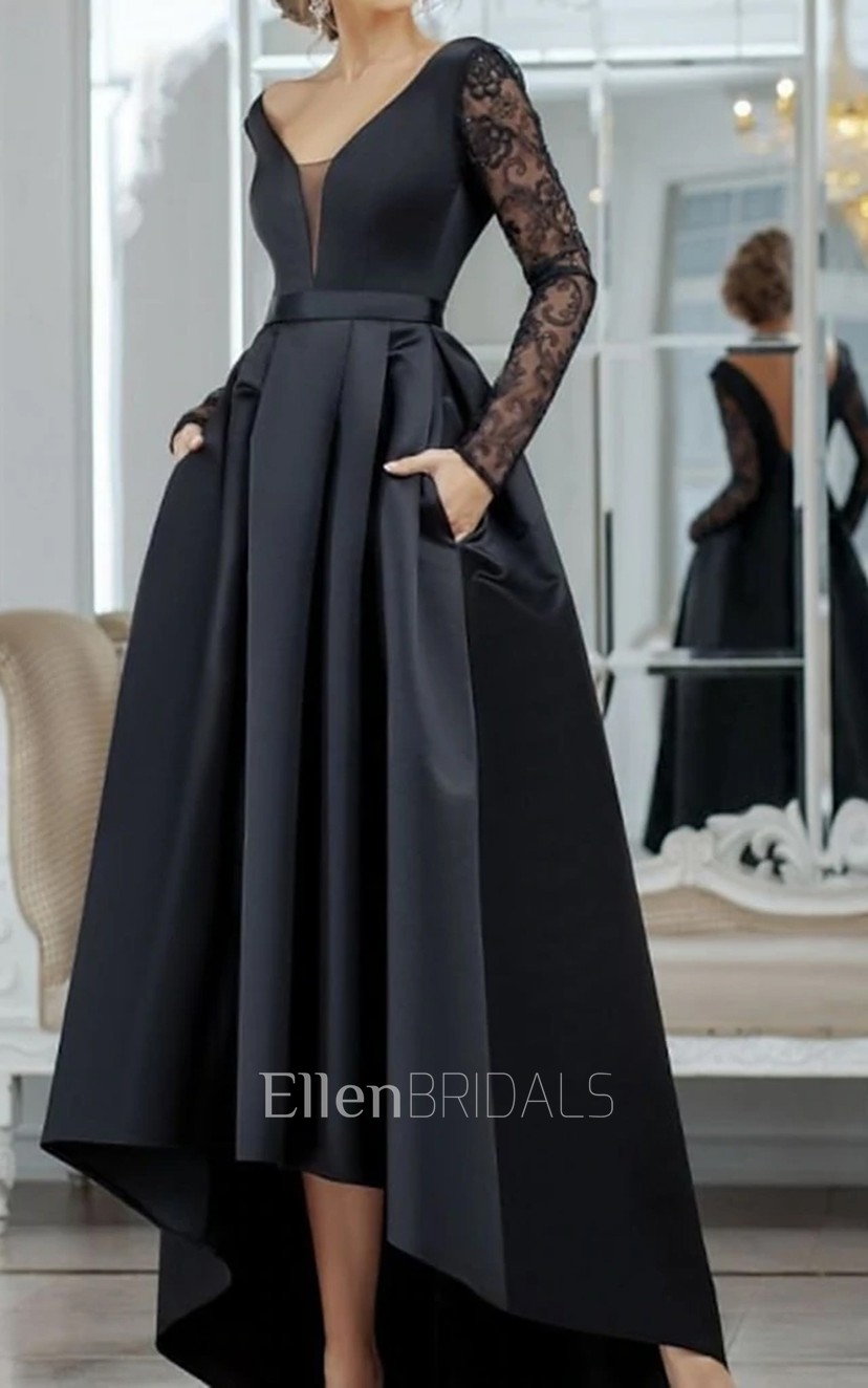 A Line V neck Long Sleeve Formal Dress with Pockets and Ruching Ellen Bridals